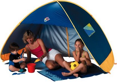 Ninja Family Cabana pop up beach sun shelter tent 2171. This is the beach tent we recommend out of the 3 available for its size, when on the beach you want a good area covered from the blazing sun, this uv tent allows you to do this with space for bags and at least one adult lying down.